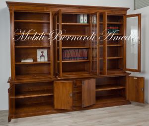 LB55 Walnut Bookcase Raised Base Inlaid Doors Glass Doors Drawers 05